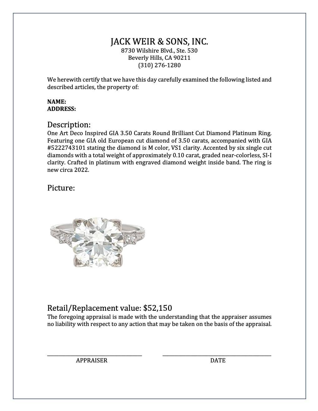 Art Deco Inspired GIA 3.50 Carats Round Brilliant Cut Diamond Platinum Ring For Sale 3