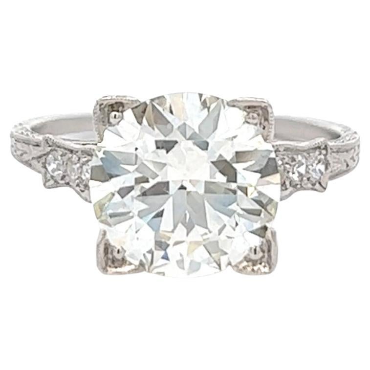 Art Deco Inspired GIA 3.50 Carats Round Brilliant Cut Diamond Platinum Ring For Sale