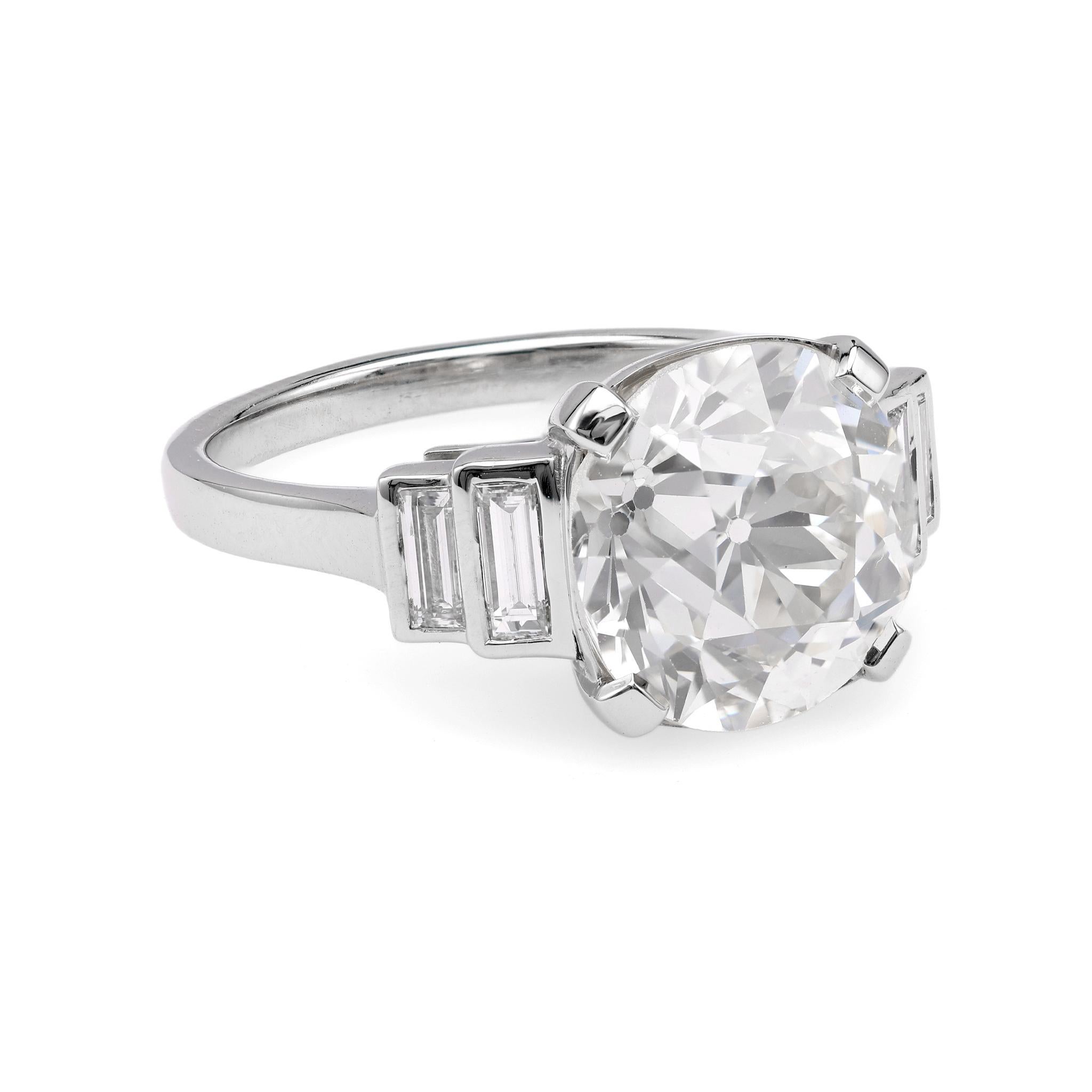 Women's or Men's Art Deco Inspired GIA 4.00 Carat Old European Cut Diamond Platinum Ring For Sale