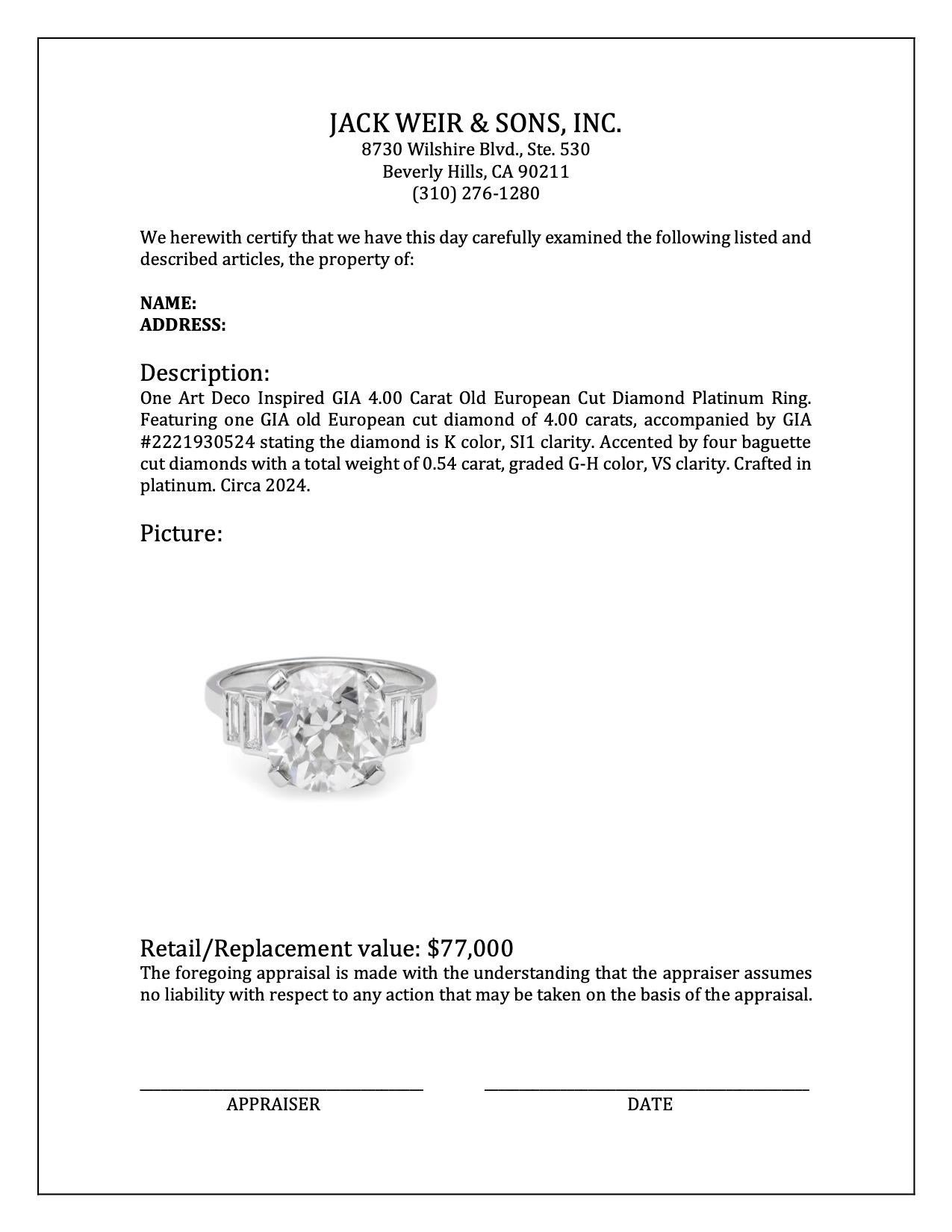 Art Deco Inspired GIA 4.00 Carat Old European Cut Diamond Platinum Ring For Sale 3