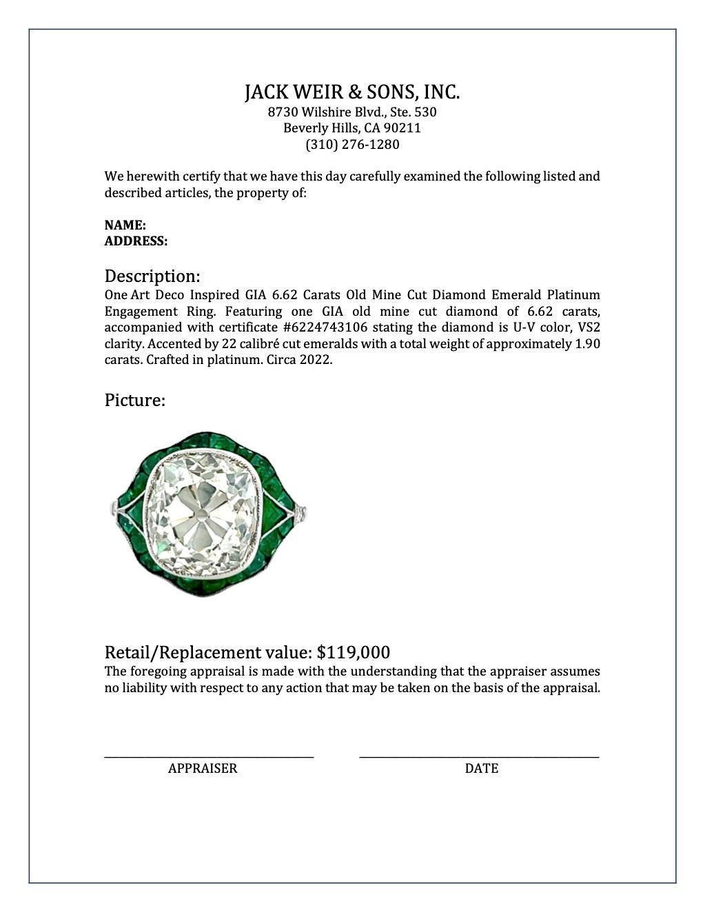 Art Deco Inspired GIA 6.62 Carats Old Mine Cut Diamond Emerald Platinum Ring 1