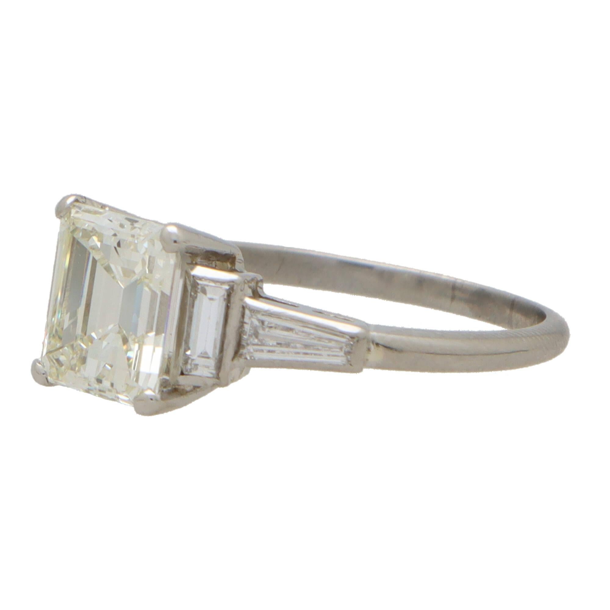 Women's or Men's Art Deco Inspired GIA Certified Emerald Cut Diamond Ring in Platinum For Sale