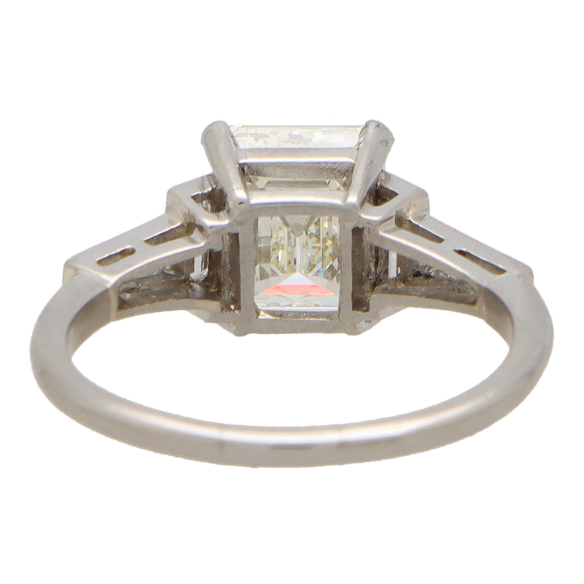 Art Deco Inspired GIA Certified Emerald Cut Diamond Ring in Platinum For Sale 1