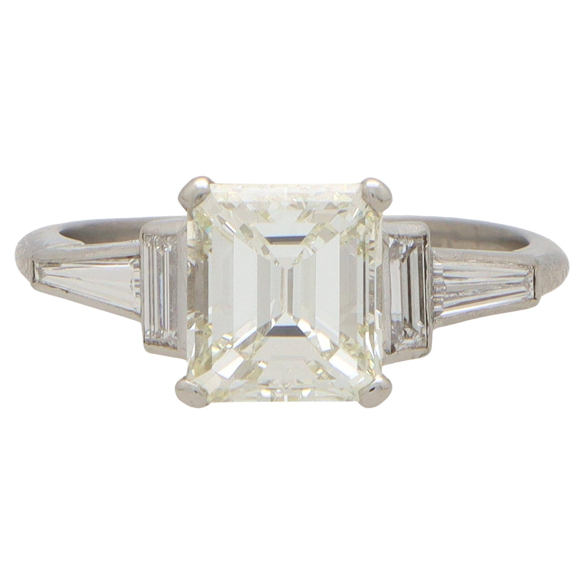 Art Deco Inspired GIA Certified Emerald Cut Diamond Ring in Platinum For Sale