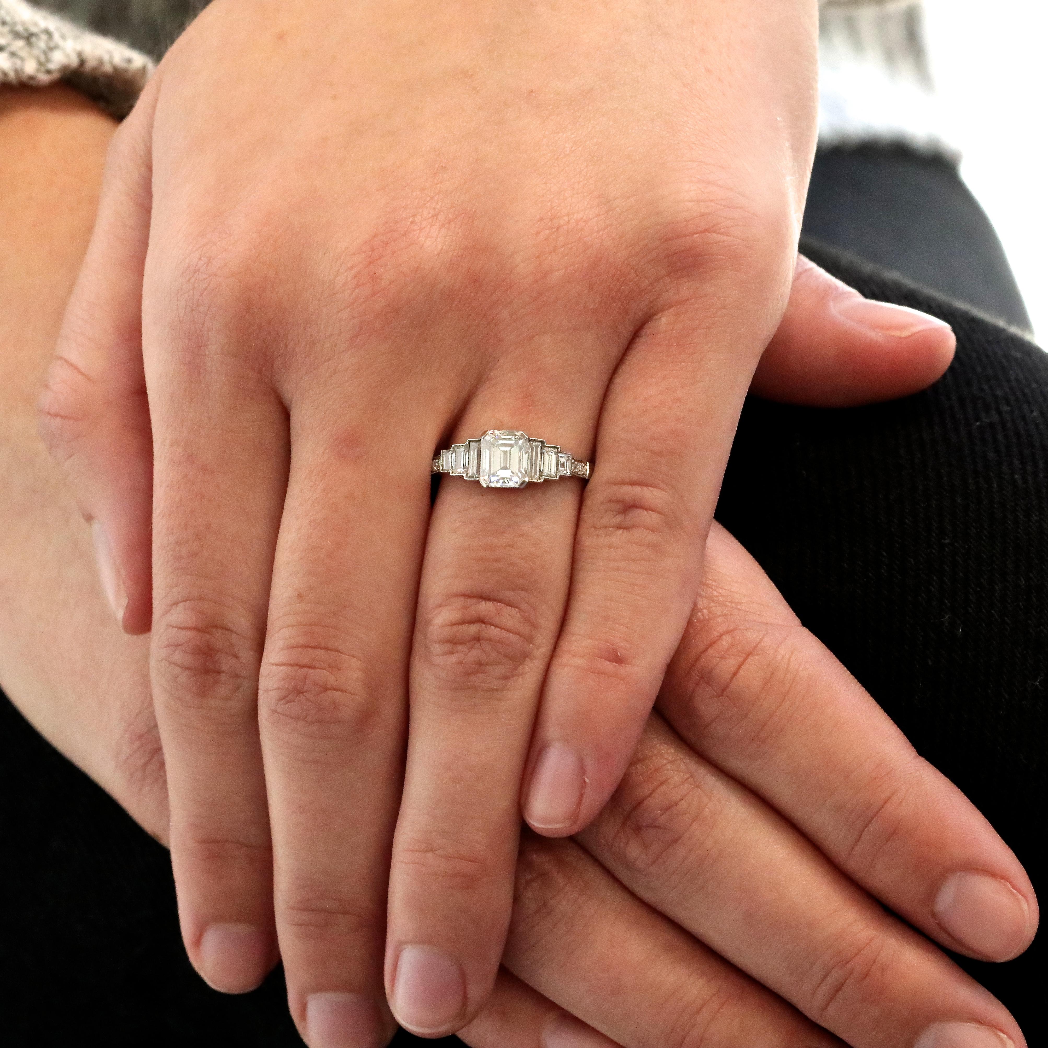 Emerald Cut Art Deco Inspired GIA E Color VS1 Clarity 1.02 Carat Diamond Platinum Ring