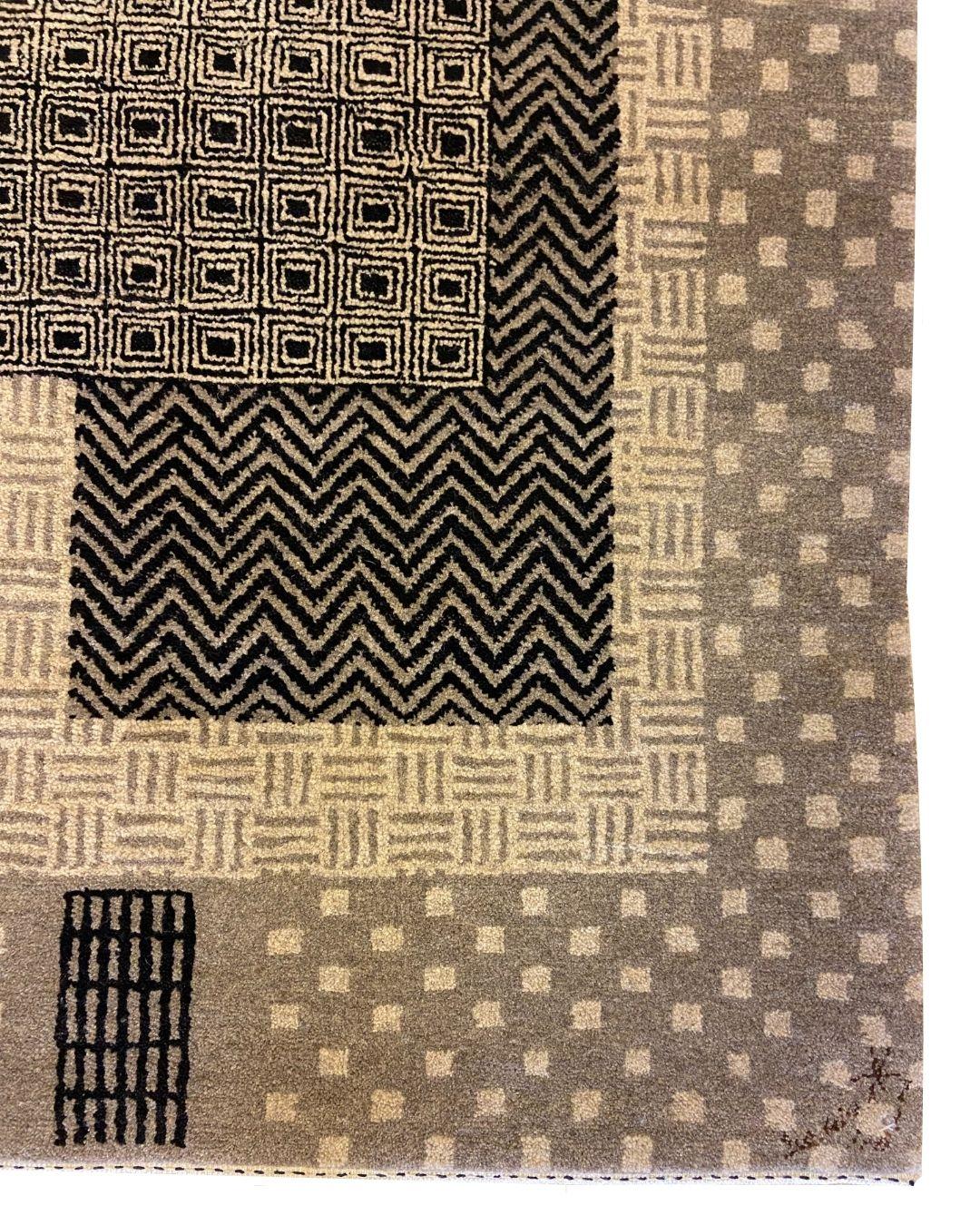 Contemporary Art Deco-Inspired Gray, Black, and Cream Labyrinth Wool Persian Rug 3' x 5'