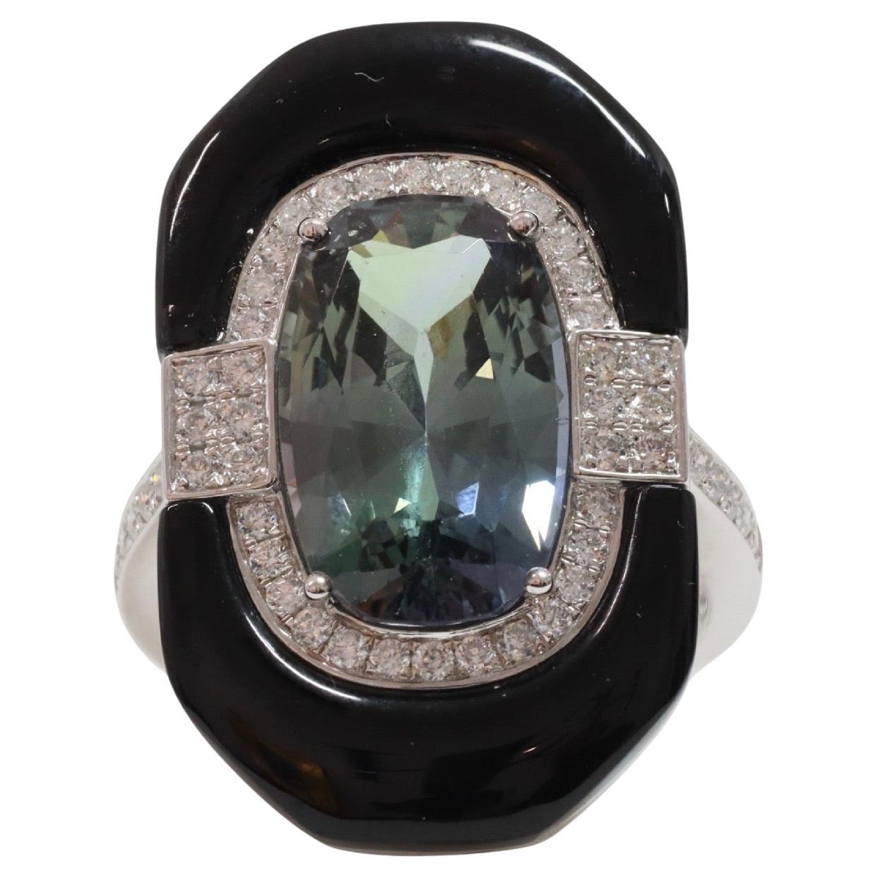 art deco inspired , Green Tanzanite , Onyx and Diamonds in Platinum ring