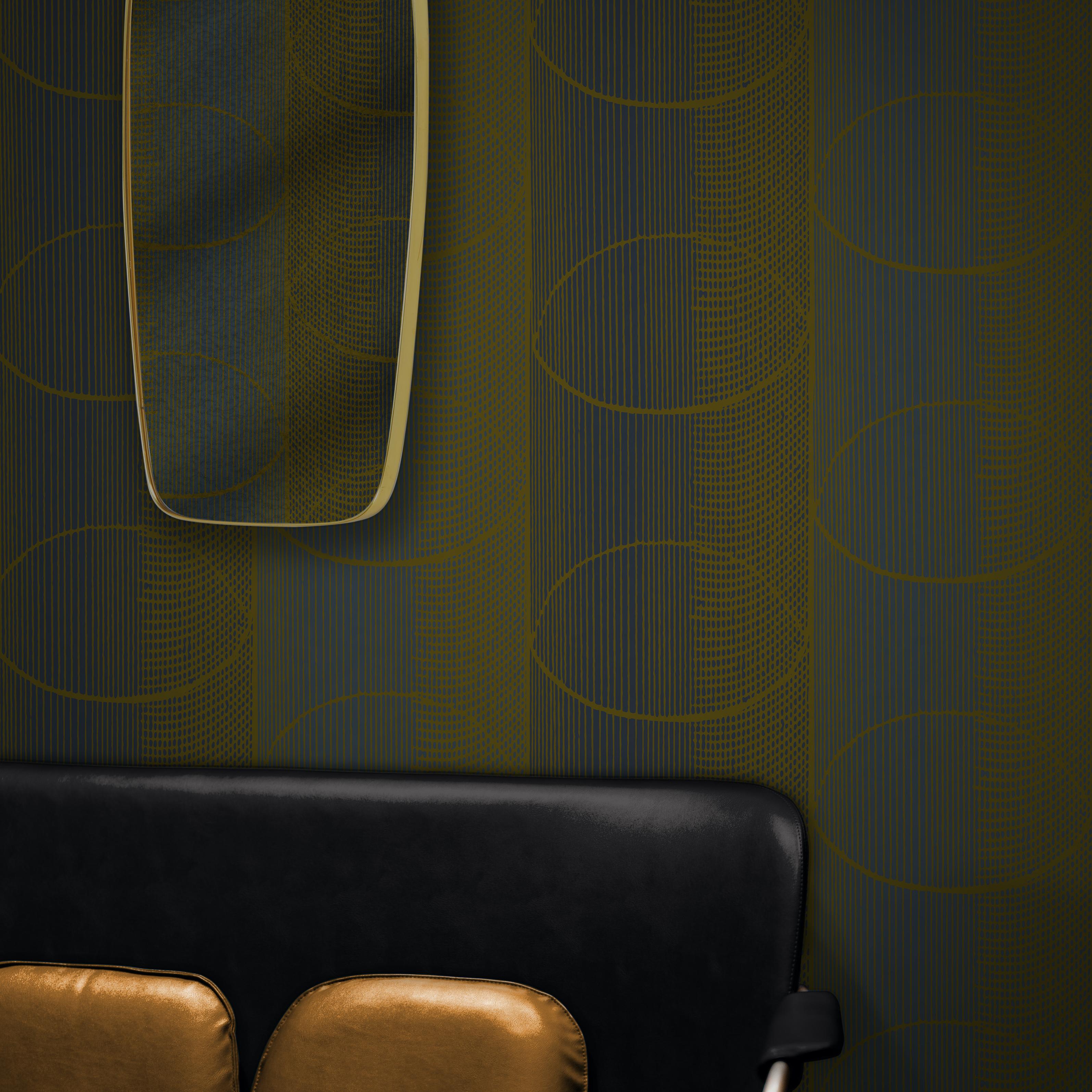 British Art Deco Inspired Green & Yellow Wallpaper: Des Cercles Autumn Yellow For Sale