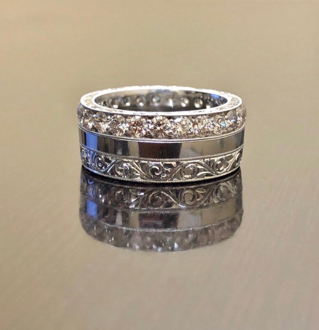 Round Cut Art Deco Inspired Hand Engraved Platinum Diamond Eternity Engagement Band For Sale