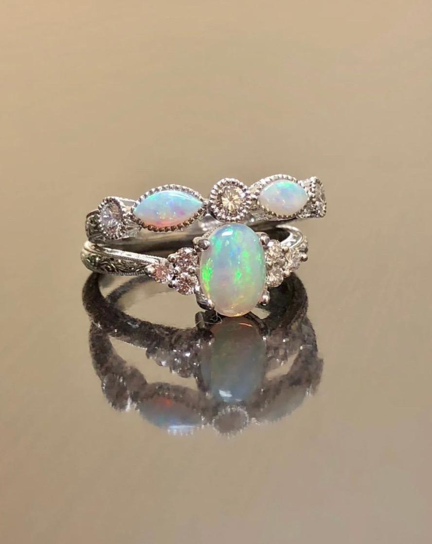 Art Deco Inspired Hand Engraved Platinum Australian Opal Diamond Bridal Set For Sale 5
