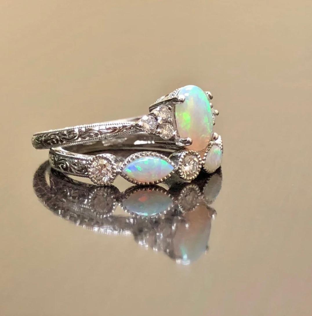 Art Deco Inspired Hand Engraved Platinum Australian Opal Diamond Bridal Set For Sale 6