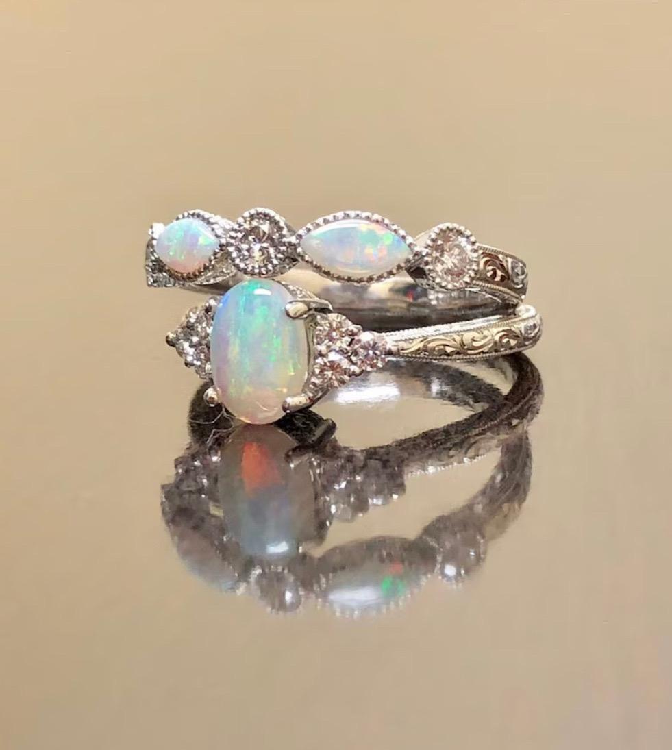 Oval Cut Art Deco Inspired Hand Engraved Platinum Australian Opal Diamond Bridal Set For Sale