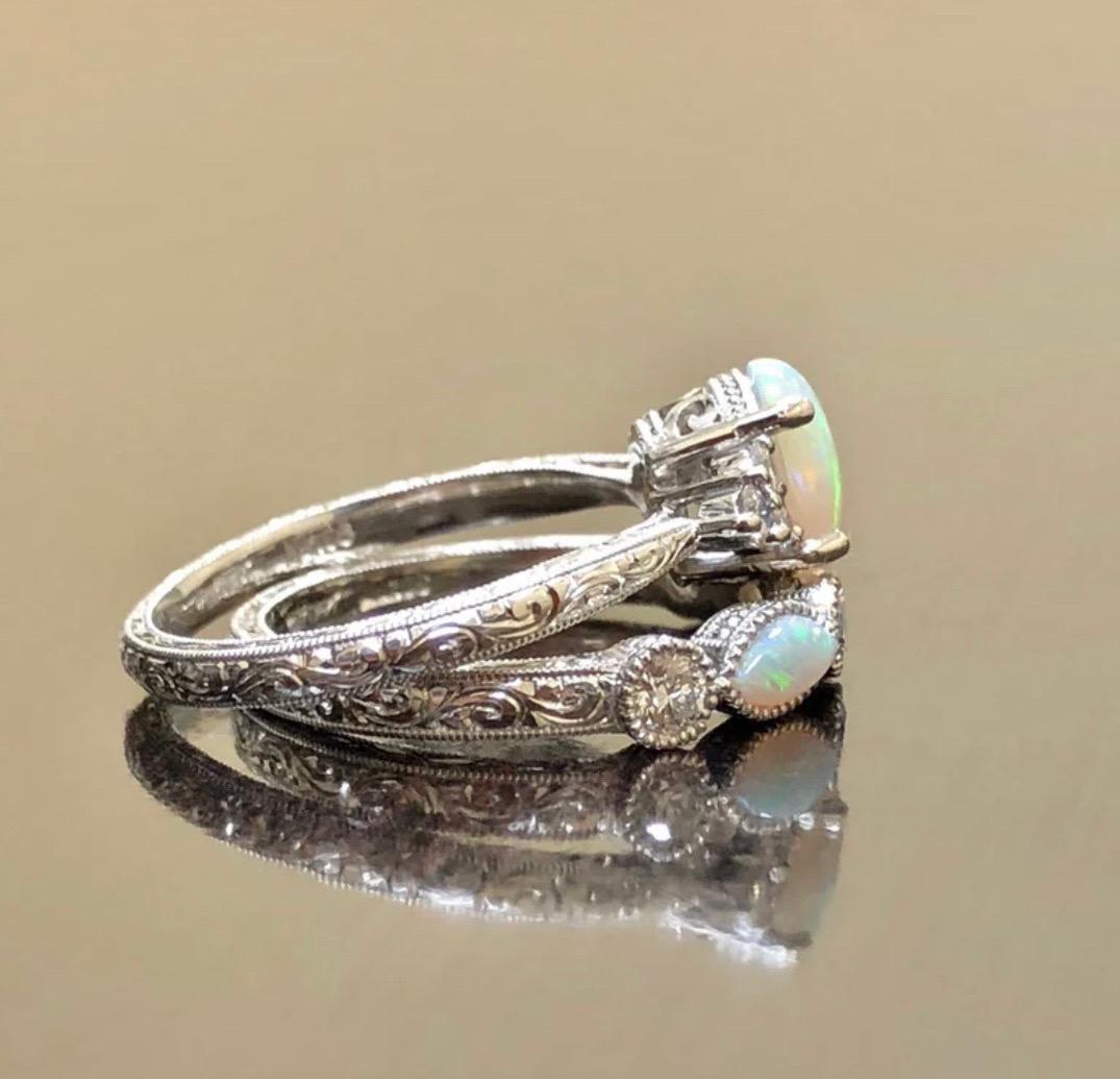 Art Deco Inspired Hand Engraved Platinum Australian Opal Diamond Bridal Set In New Condition For Sale In Los Angeles, CA
