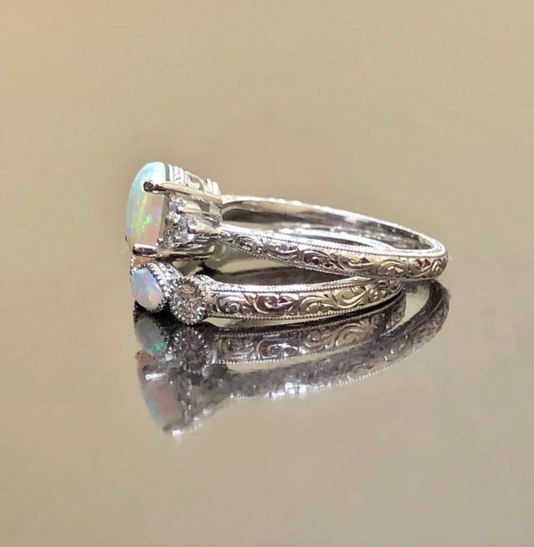 Women's Art Deco Inspired Hand Engraved Platinum Australian Opal Diamond Bridal Set For Sale