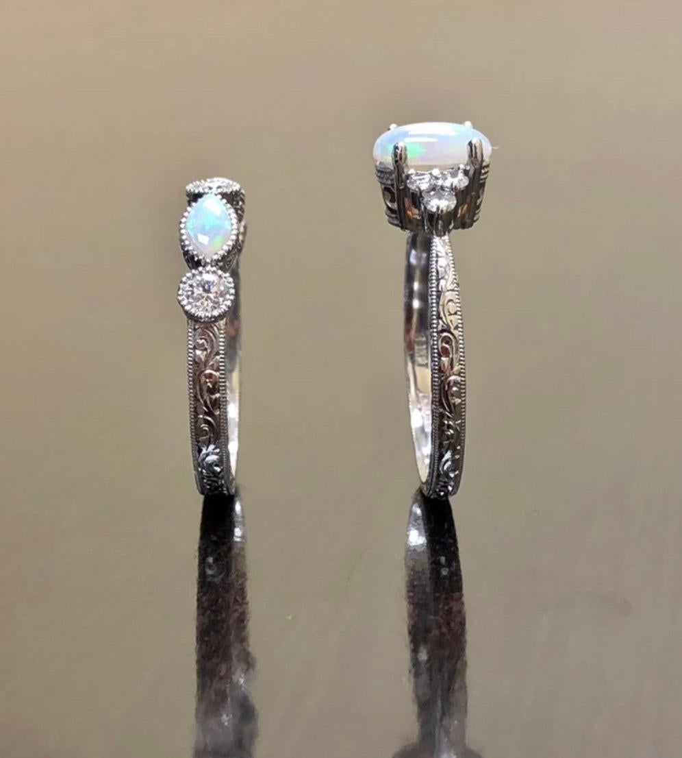 Art Deco Inspired Hand Engraved Platinum Australian Opal Diamond Bridal Set For Sale 1