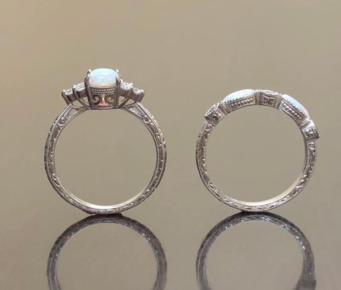 Art Deco Inspired Hand Engraved Platinum Australian Opal Diamond Bridal Set For Sale 2