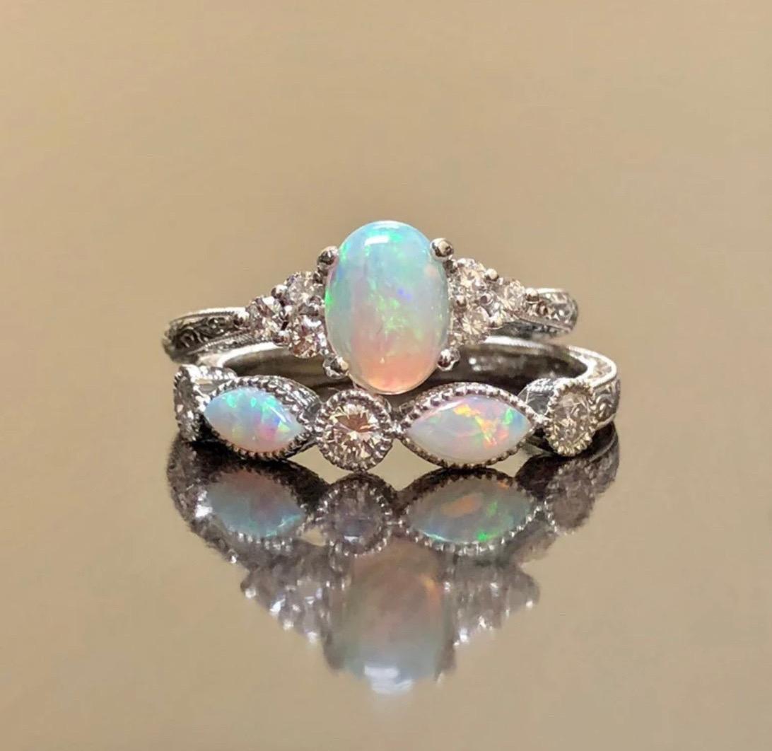 Art Deco Inspired Hand Engraved Platinum Australian Opal Diamond Bridal Set For Sale 3
