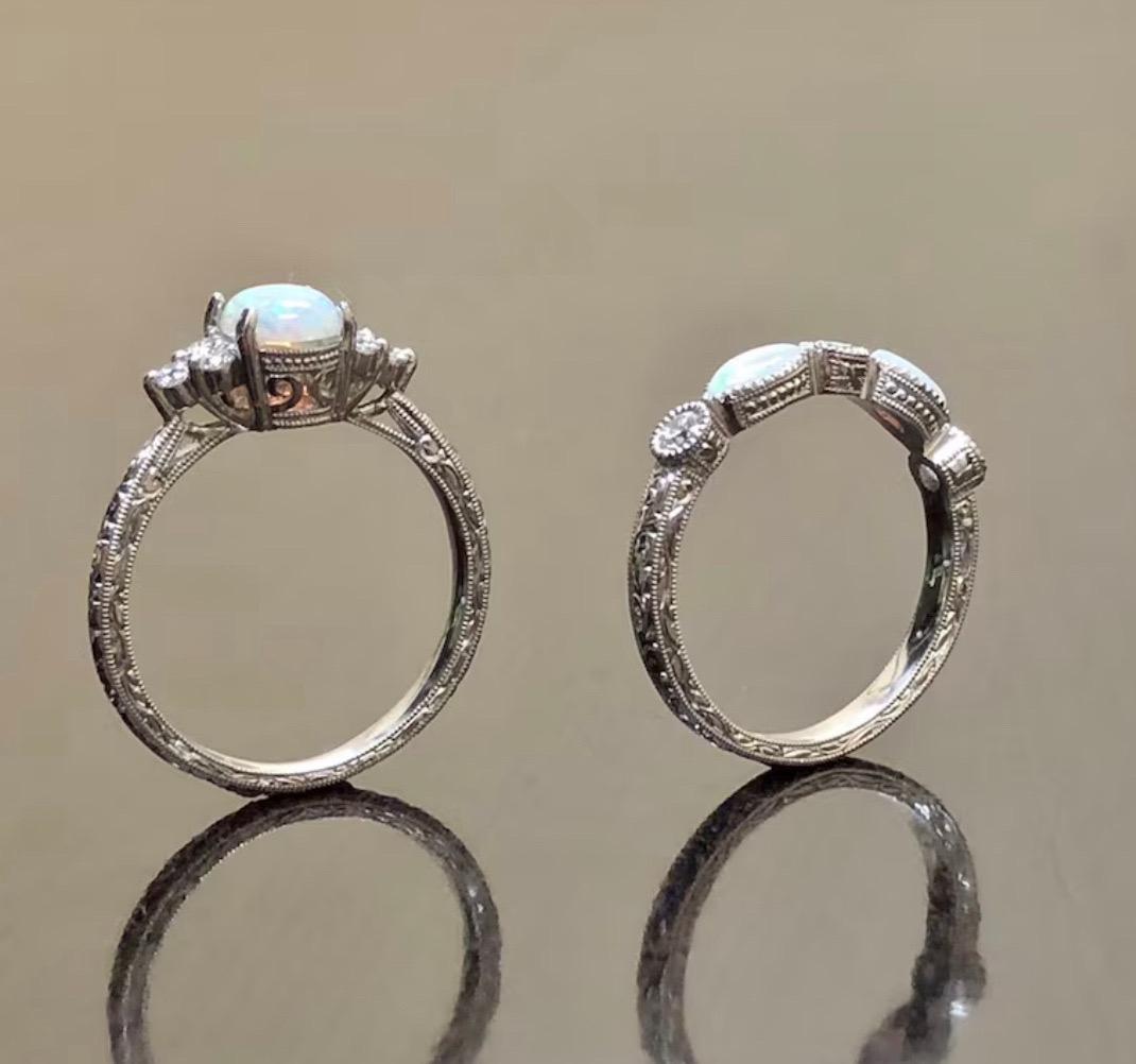 Art Deco Inspired Hand Engraved Platinum Australian Opal Diamond Bridal Set For Sale 4
