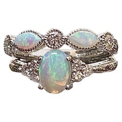 Art Deco Inspired Hand Engraved Platinum Australian Opal Diamond Bridal Set
