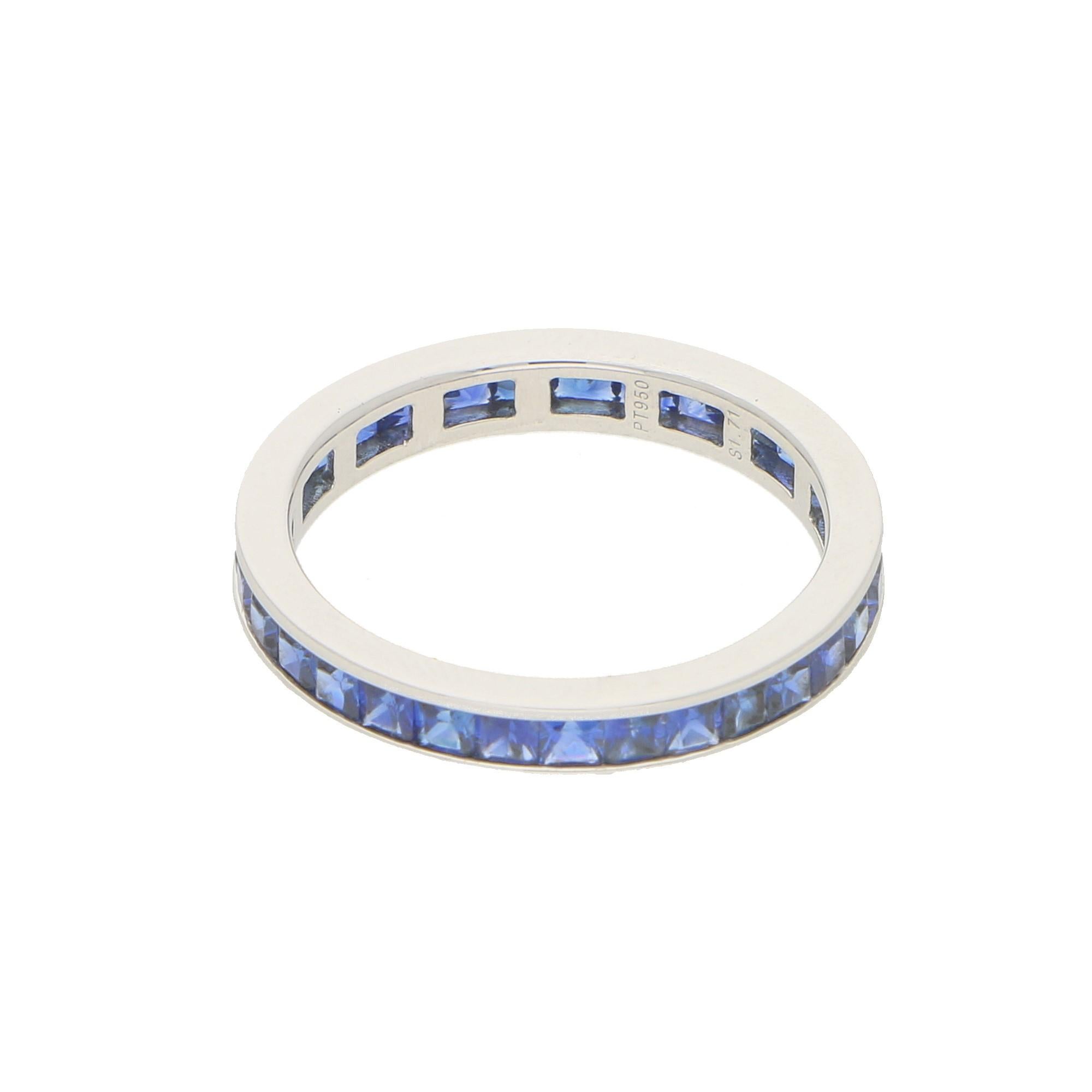 A beautiful sapphire full eternity ring set in platinum. The ring is solely set with vibrant royal blue coloured sapphires which are all channel set in a 3mm flat sided platinum shank.

There is a total of 31 sapphires having a combined weight of