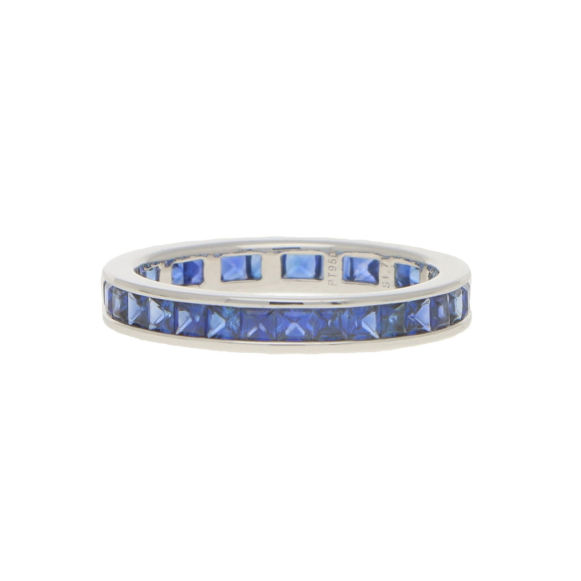 Square Cut Art Deco Inspired Invisibly Set Sapphire Full Eternity Ring Set in Platinum