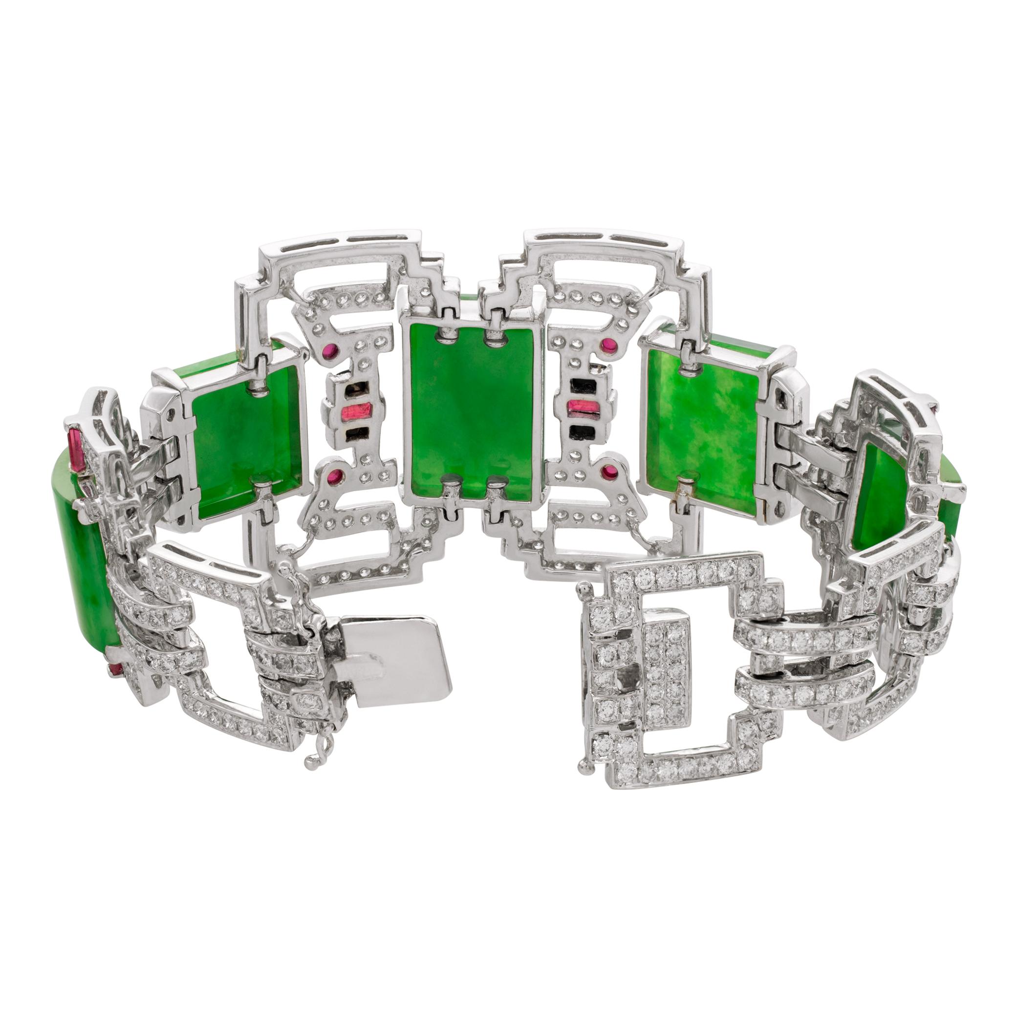 Women's Art Deco inspired Jade and Diamonds 18k white gold bracelet with Rubies and Onyx For Sale