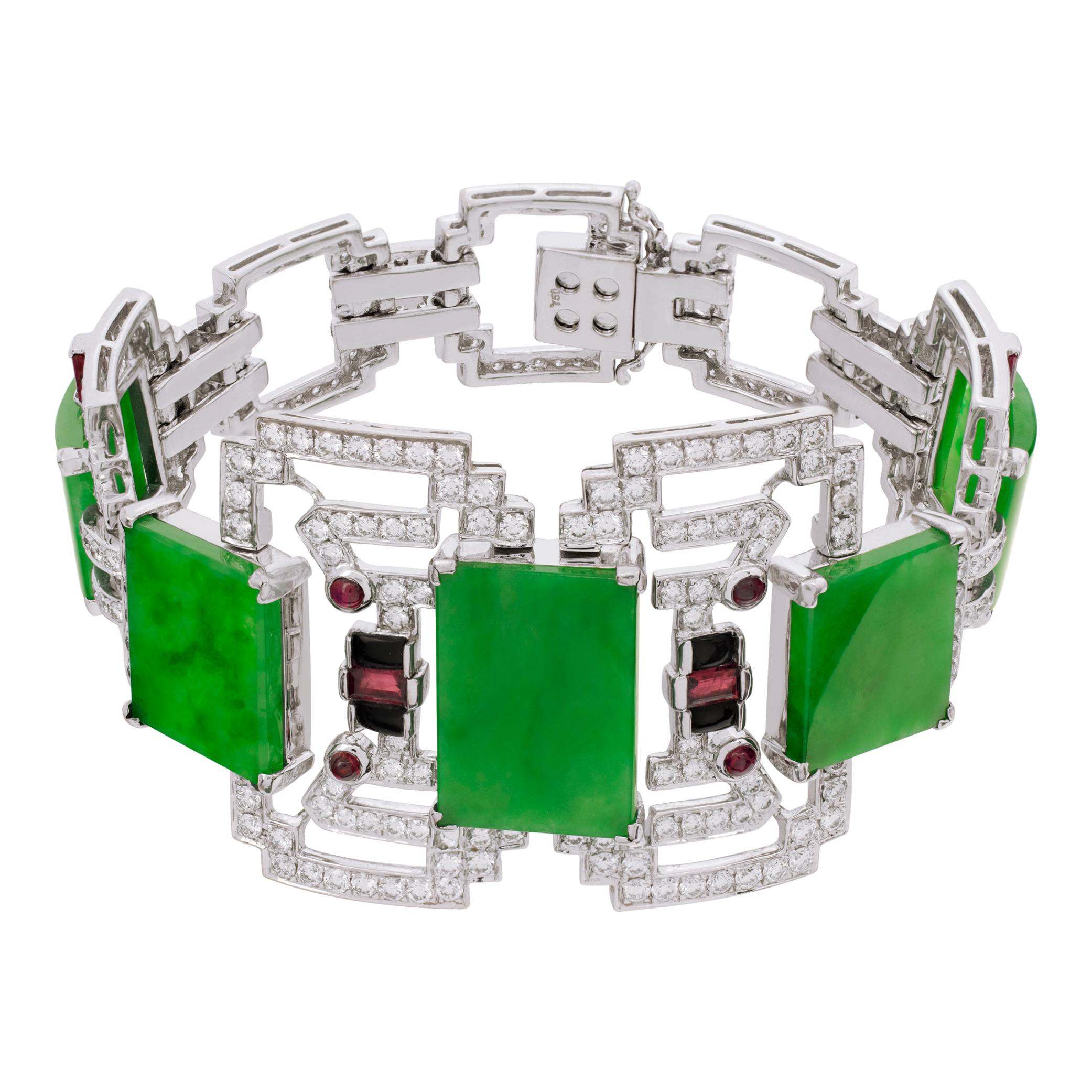 Art Deco inspiriertes Armband aus Jade und Diamanten aus 18k Weißgold mit Rubinen und Onyx