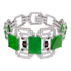 Art Deco inspiriertes Armband aus Jade und Diamanten aus 18k Weißgold mit Rubinen und Onyx