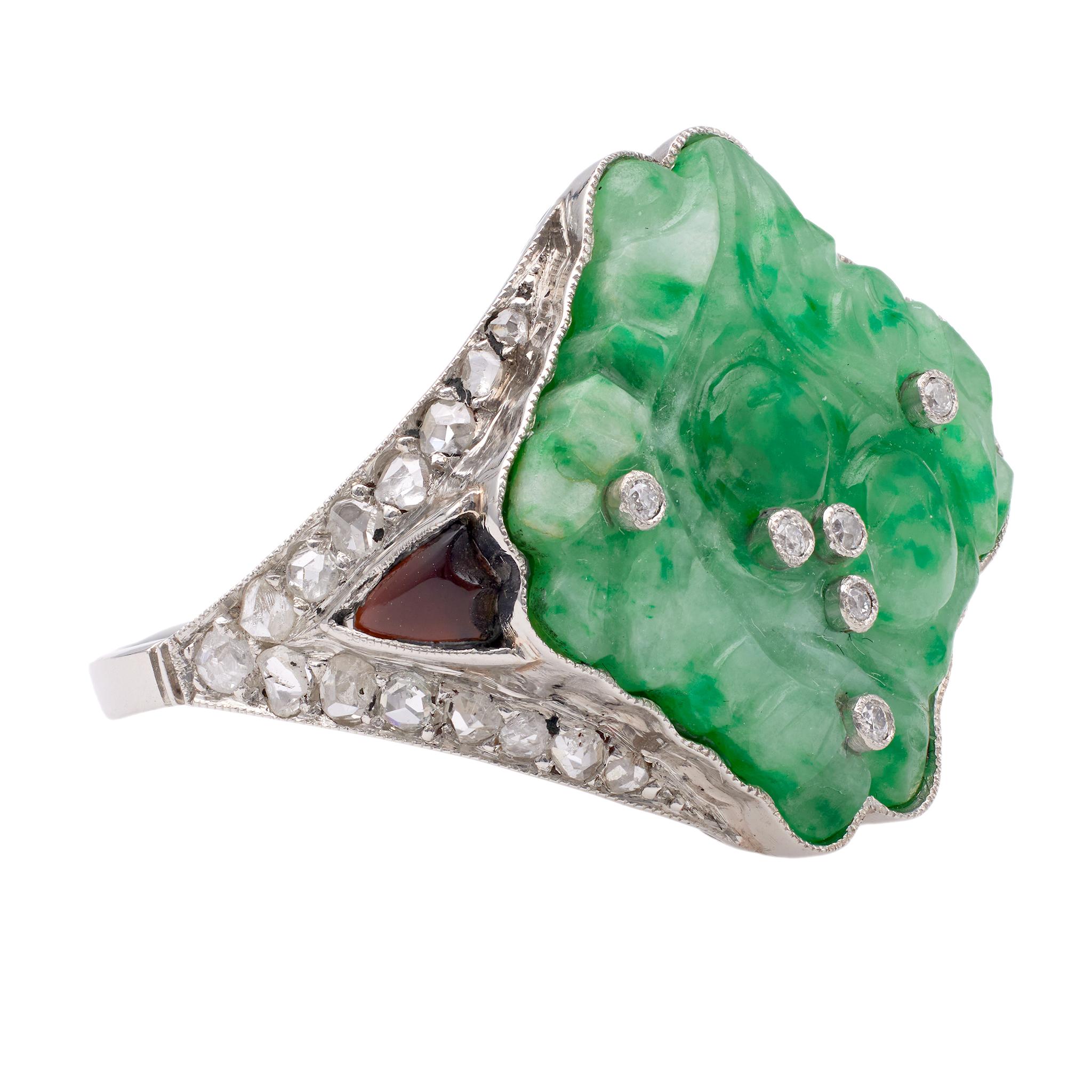 Women's or Men's Art Deco Inspired Jade, Diamond, and Onyx Platinum Ring For Sale