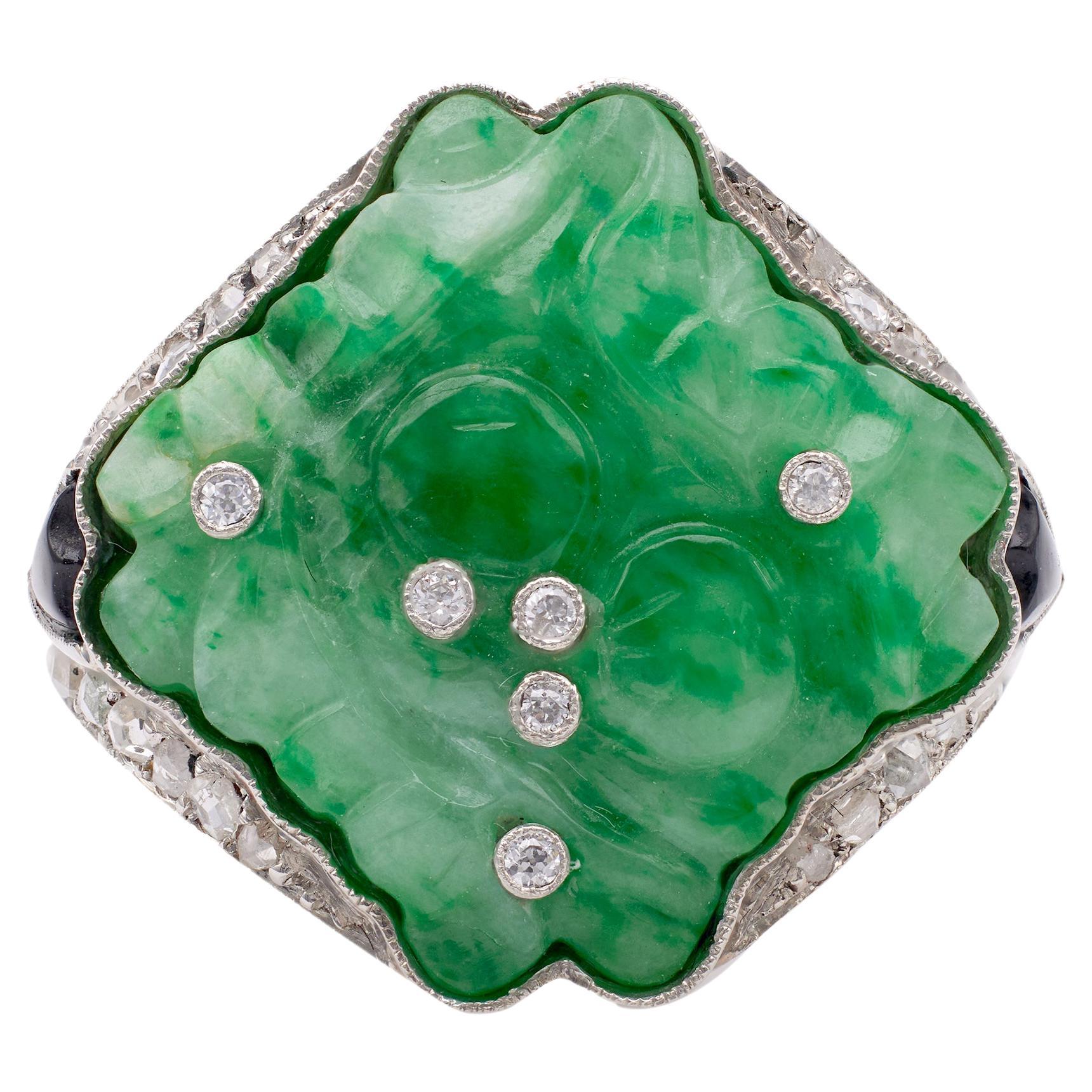 Platinring aus Jade, Diamant und Onyx, Art déco-inspiriert im Angebot