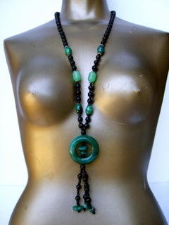 Art Deco Inspired Jet & Green Glass Beaded Tassel Sautoir Necklace c 1980s
