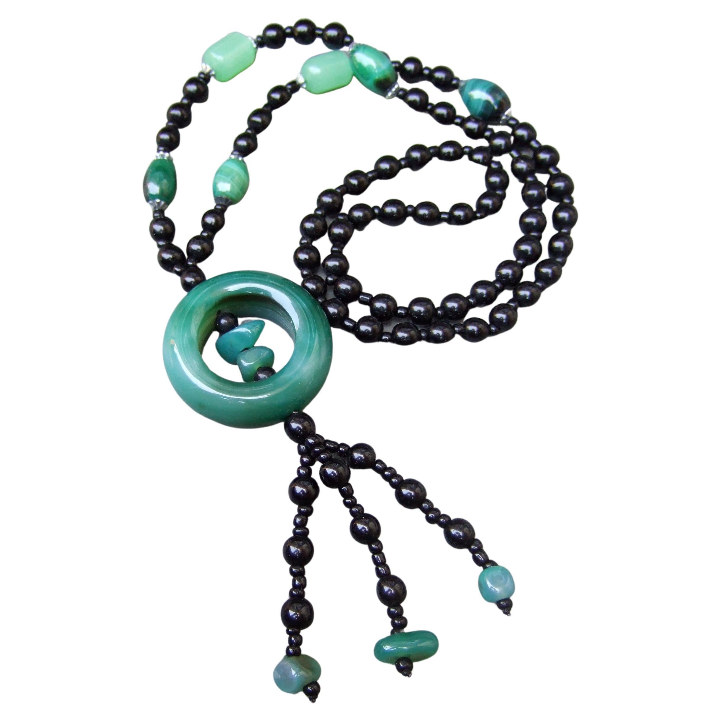 Art Deco Inspired Jet & Green Glass Beaded Tassel Sautoir Necklace c 1980s