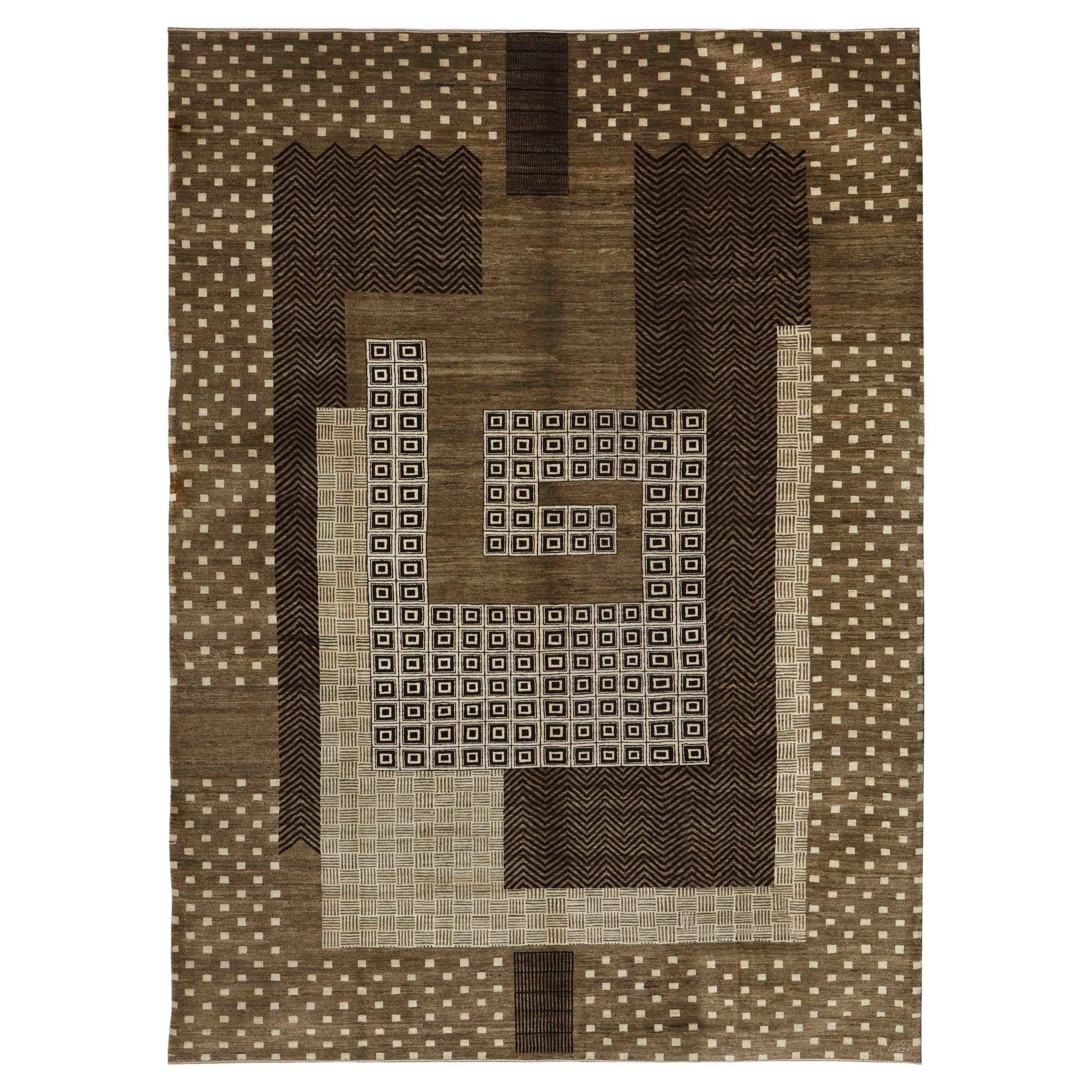Art Deco-inspirierter Labyrinth-Perserteppich aus Wolle in Taupe, Creme & Brown, 9 x 12 im Angebot
