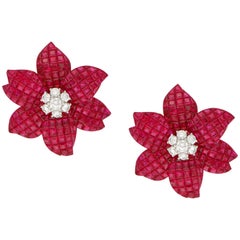 Art Deco Inspired Large Ruby and Diamond Flower Earrings in 18 Karat Yellow Gold