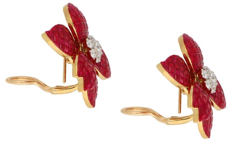 Art Deco Inspired Large Ruby and Diamond Flower Earrings in 18 Karat ...