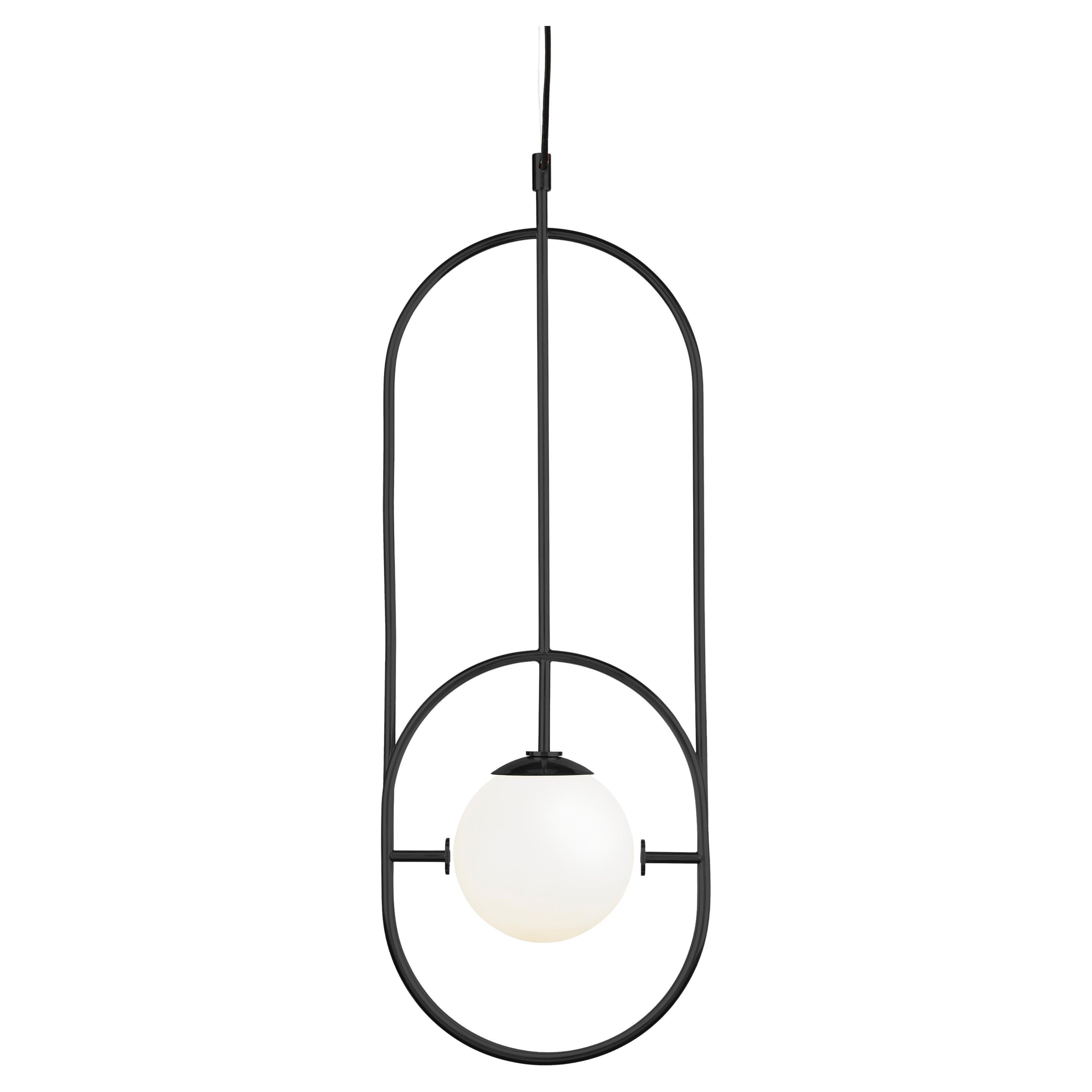 Lampada a sospensione Loop I di ispirazione Art Deco in ottone lucido e vetro nero fatta a mano
