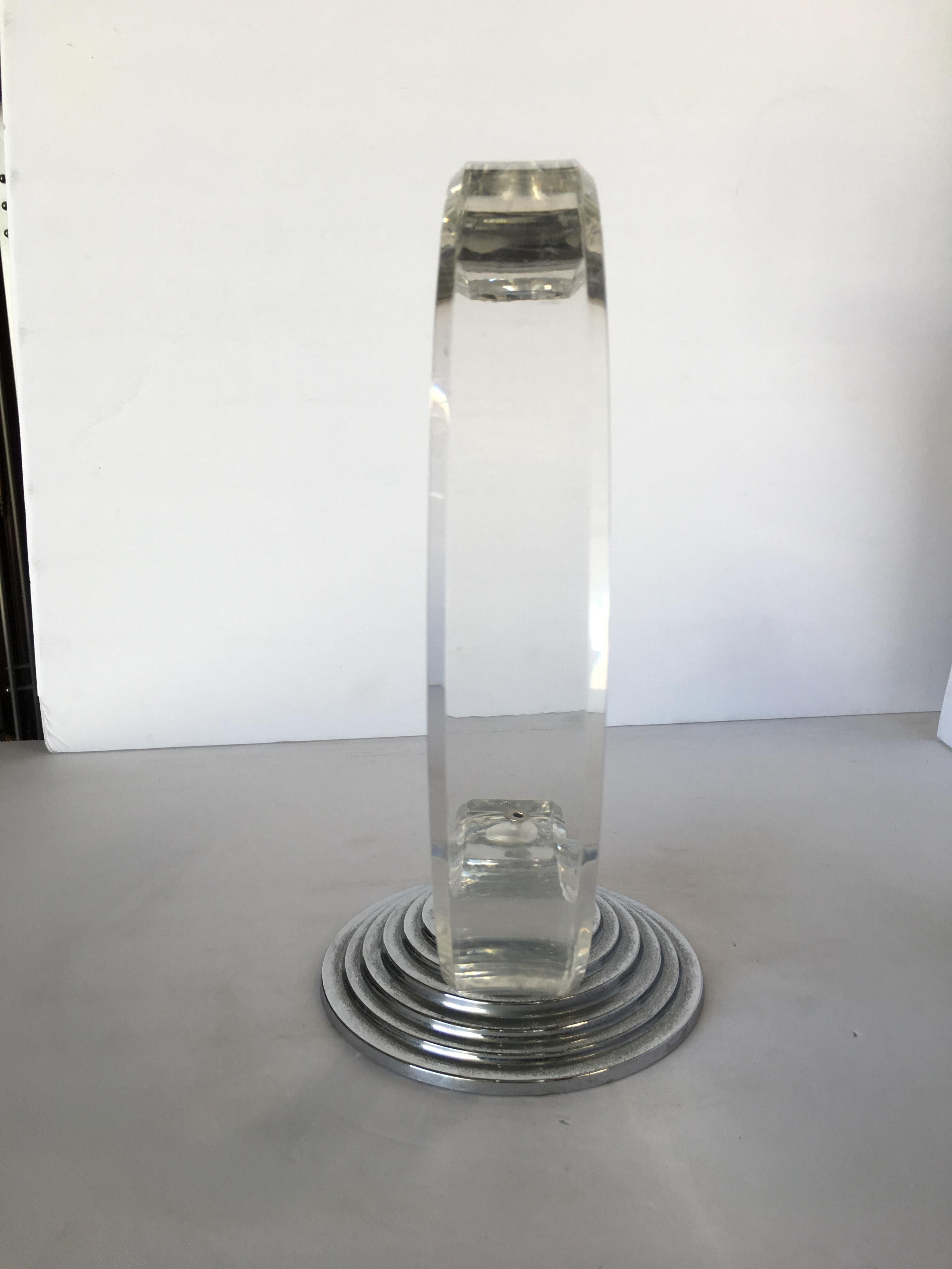 American Art Deco Inspired Lucite and Chrome Candlestick Holder For Sale