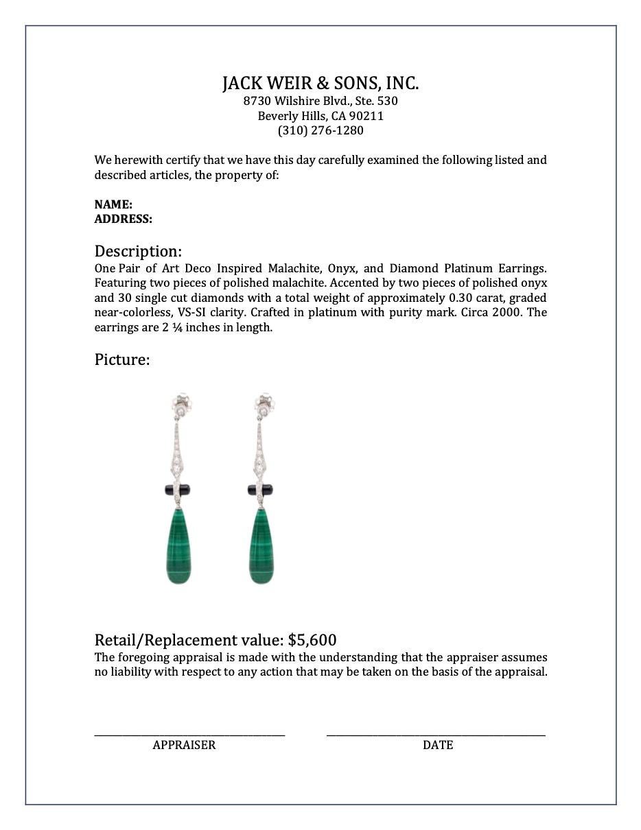 Art Deco Inspired Malachite, Onyx, and Diamond Platinum Earrings For Sale 1