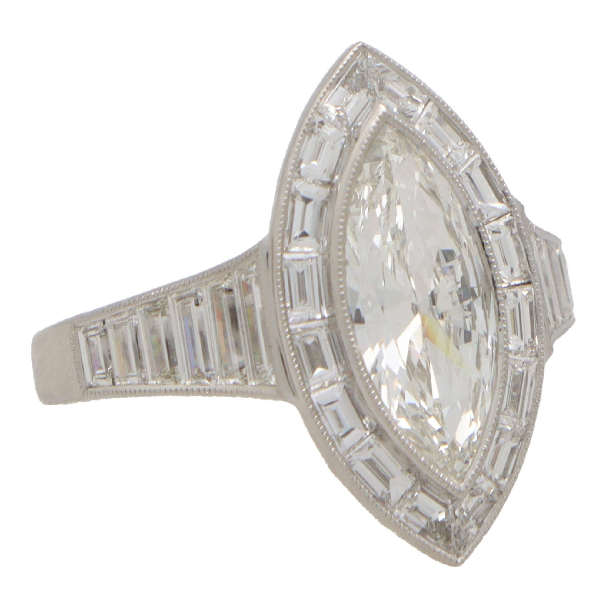 Modern Art Deco Inspired Marquise Cut Diamond Halo Ring Set in Platinum  For Sale