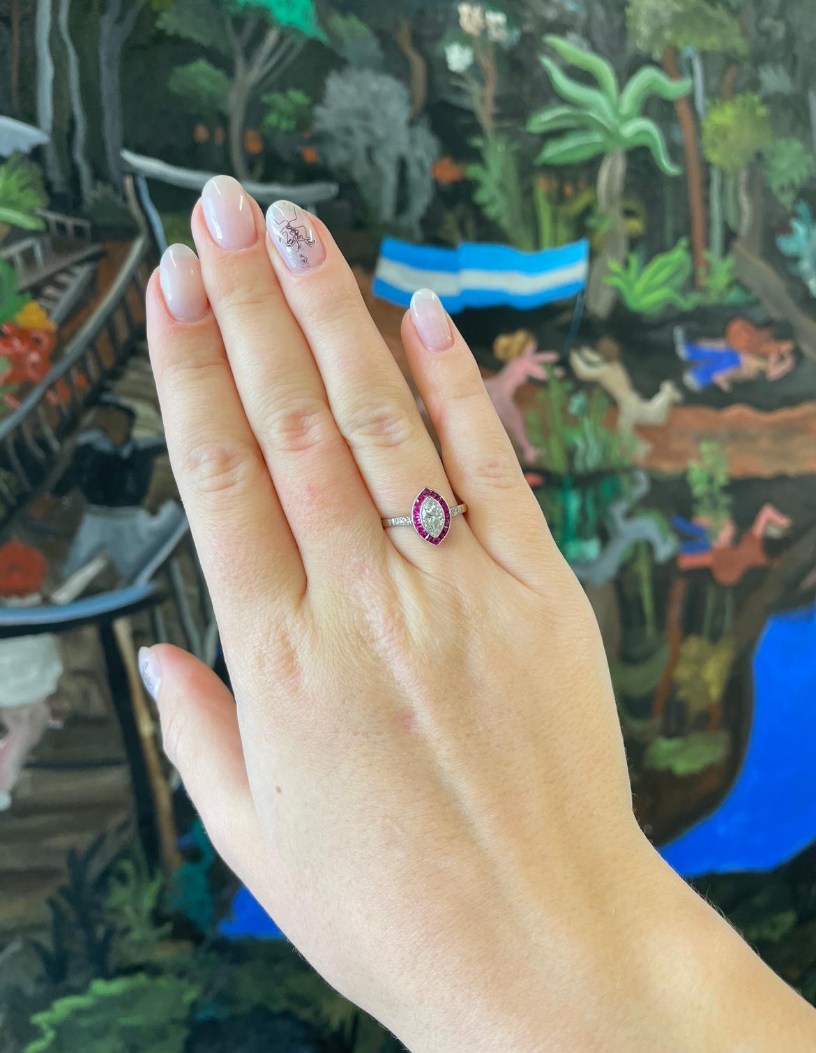 Women's Art Deco Inspired Marquise Cut Diamond Ruby Ring