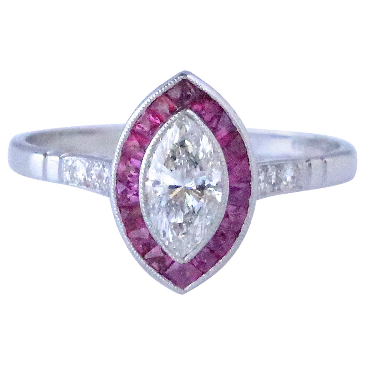Art Deco Inspired Marquise Cut Diamond Ruby Ring