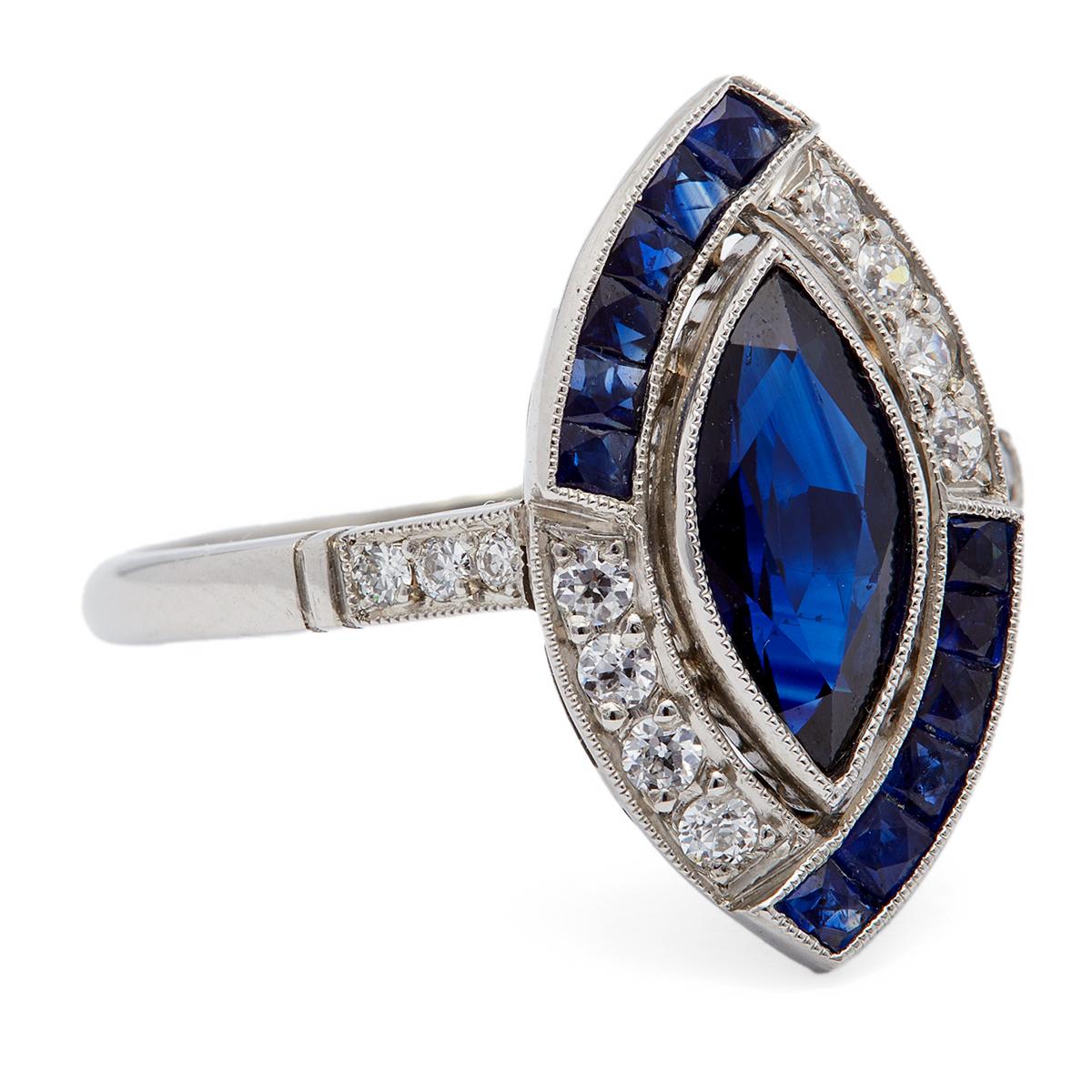 Art Deco Inspired Marquise Cut Sapphire and Diamond Platinum Ring For Sale 1