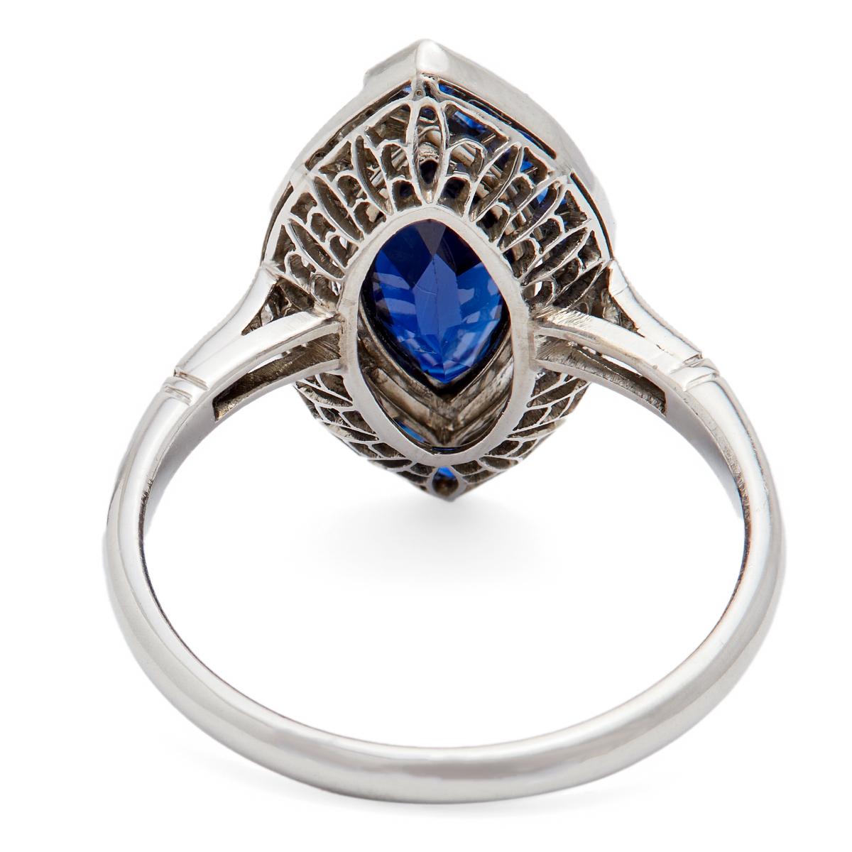 Art Deco Inspired Marquise Cut Sapphire and Diamond Platinum Ring For Sale 2
