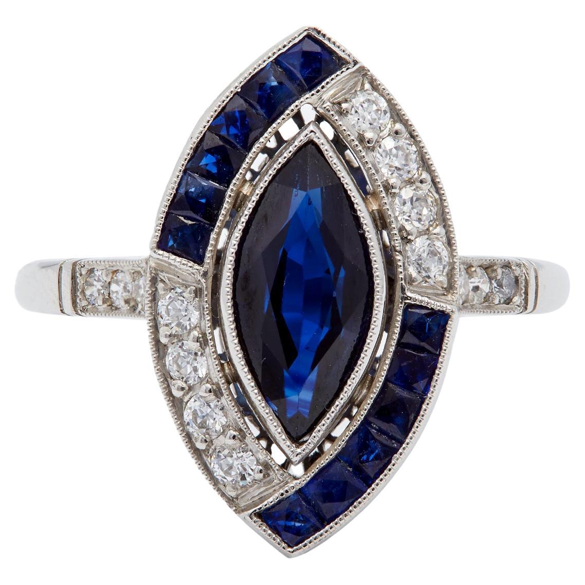 Art Deco Inspired Marquise Cut Sapphire and Diamond Platinum Ring For Sale