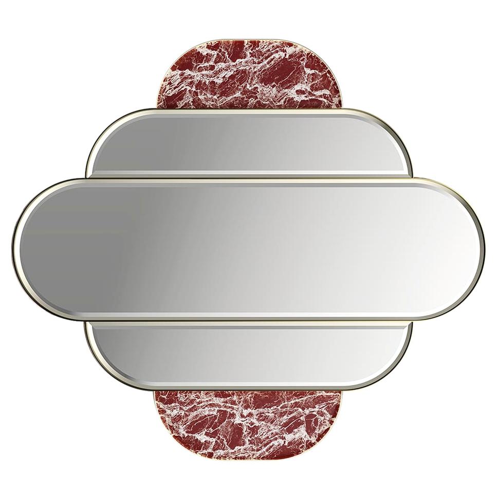 Modern Art Deco Inspired Wall Mirror Gold Polished Brass & Red Marble Details For Sale