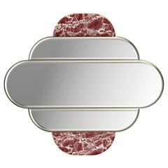 Espejo de Pared Moderno de Inspiración Art Deco Latón Pulido Dorado y Detalles de Mármol Rojo