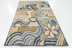 Art Deco Inspired Modern Portrait Rug – 5x9 Hand-Knotted Wool In Blue and Gold