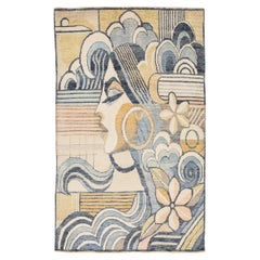 Art Deco Inspired Modern Portrait Rug – 5x9 Hand-Knotted Wool In Blue and Gold