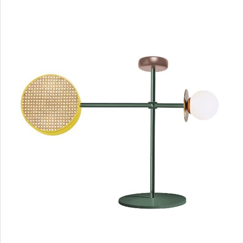 Polished Art Deco Inspired Monaco Table II Lamp in Mint, Yellow, Green, Brass and Rattan For Sale