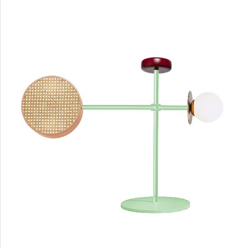 Glass Art Deco Inspired Monaco Table II Lamp in Mint, Yellow, Green, Brass and Rattan For Sale